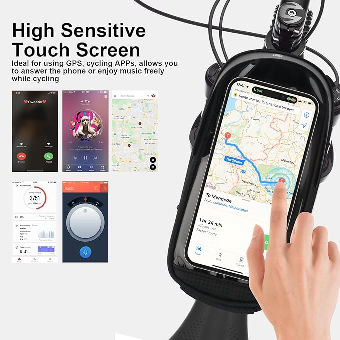 Bike Phone Handlebar Bag Quick Release Bike Front Frame Bag Bike Phone Mount Bag Waterproof Sensitive Touch Screen & Sun Visor Bike Top Tube Bag Suitable for Cell Phones 7''