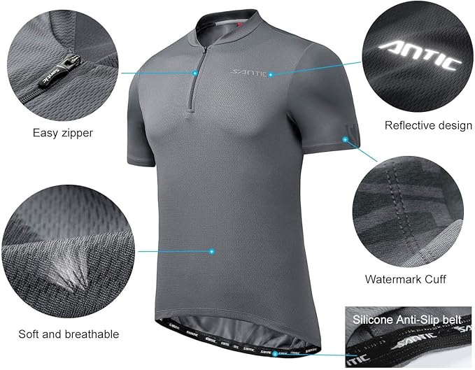 Santic Men's Cycling Jersey Short Sleeve Tops Pro Road Bike Shirt Full Zipper UPF 50+ MTB Jersey with Pockets
