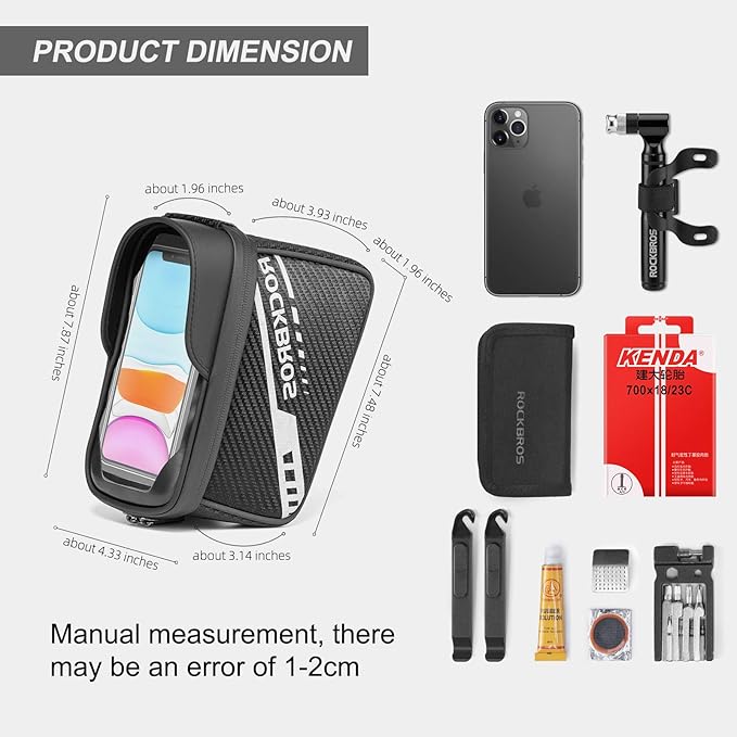 ROCKBROS Bike Phone Front Frame Bag Top Tube Bike Bag Bicycle Handlebar Bag Cell Phone Holder Mount Bag Cycling Accessories Storage Pouch for Phone 7.2”