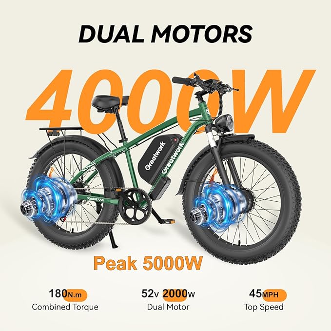 GREATWORK 52V 5000W Peak Dual Motor Electric Bike for Adults, 1300Wh Battery, Up to 45MPH & 100 Miles Range, 26" x 4.0 Fat Tire Electric Dirt Bike with Suspension, Mountain E-Bike for Men Women