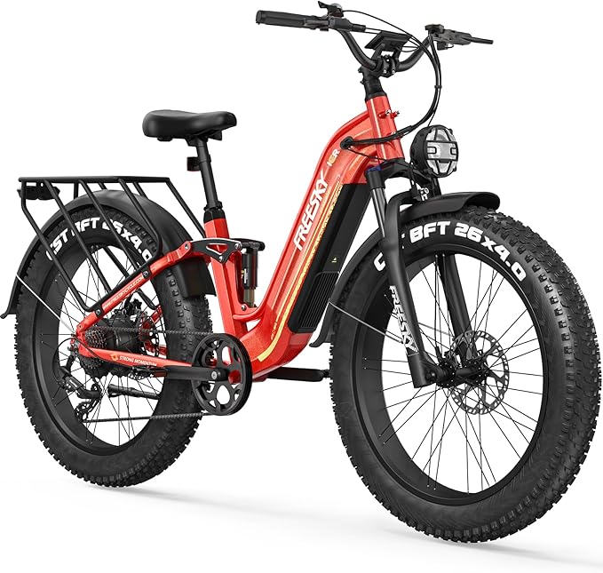 FREESKY Wildcat Ultra 3000W Electric Bike for Adults 105mile Long Range Step-Thru Ebike Motor 37MPH Dirt E Bike 25Ah Samsung Battery 26'' Fat Tire Electric Bicycle Full Suspension for Commute
