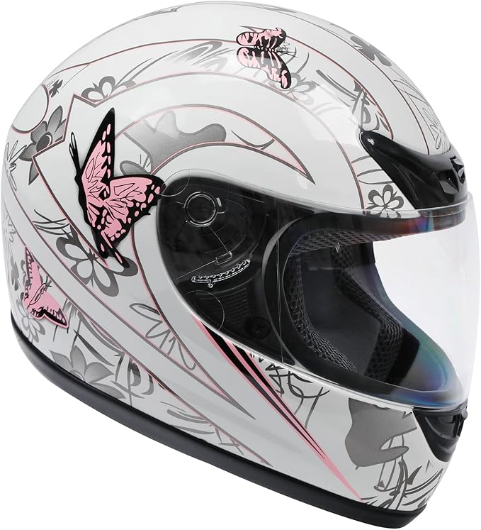 TCT-MOTORPARTS Motorcycle Motocross ATV Helmet DOT Flip Up Full Face Adult Street Dirt Bike White &Pink Butterfly Helmet for Women Men (Large)