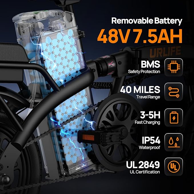 URLIFE Electric Bike for Adults, 14" Folding Electric Bike, 500W Peak Motor, 48V 375Wh, 20MPH, 40 Miles Long Range, Mini E Bikes for Adults and Teens, UL 2849