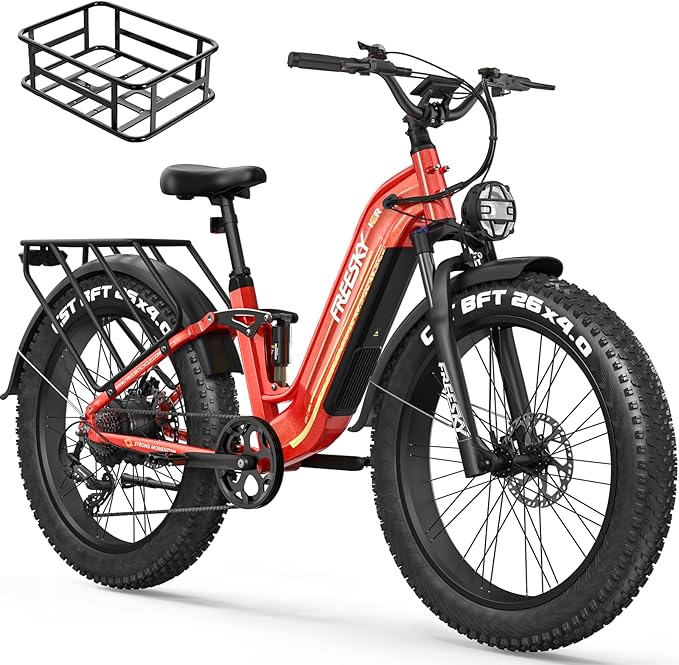 FREESKY Wildcat Ultra 3000W Electric Bike for Adults 105mile Long Range Step-Thru Ebike Motor 37MPH Dirt E Bike 25Ah Samsung Battery 26'' Fat Tire Electric Bicycle Full Suspension for Commute