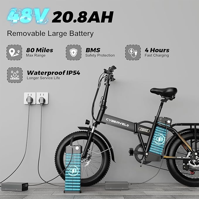1000W Folding Electric Bike, 48V 20AH Large Removable Battery E Bike, 30+MPH, 80 Miles Max Range, 20" Fat Tire Electric Bike for Adults, Adult Electric Bicycles for Long