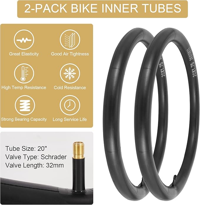 2-Pack 20x1.75 Bike Tire Tube, 20 Inch Mountain Bike Tires & Tubes, Folding Replacement Bicycle Tires with 2 Tire Levers for Hybrid, City Commuter, Urban