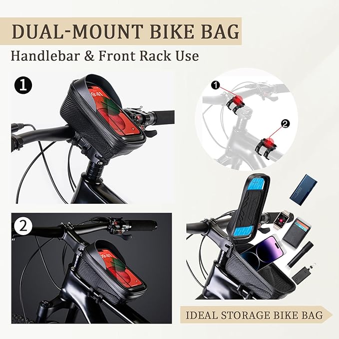 PSLER Bike Frame Bag Waterproof - Bike Top Tube Bag, Mountain Biking Accessories & Bicycle Pouch, Bicycle Top Tube Bag Accessories for Phones 4.7" to 6.8", Fits 30-55mm Tubes, Large