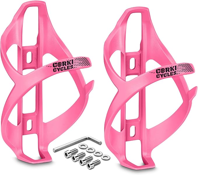 corki Cycles Bike Water Bottle Holder Right Side Load Water Bottle Cage for Road, MTB, Gravel Bicycles Magenta Pink 2 Pack