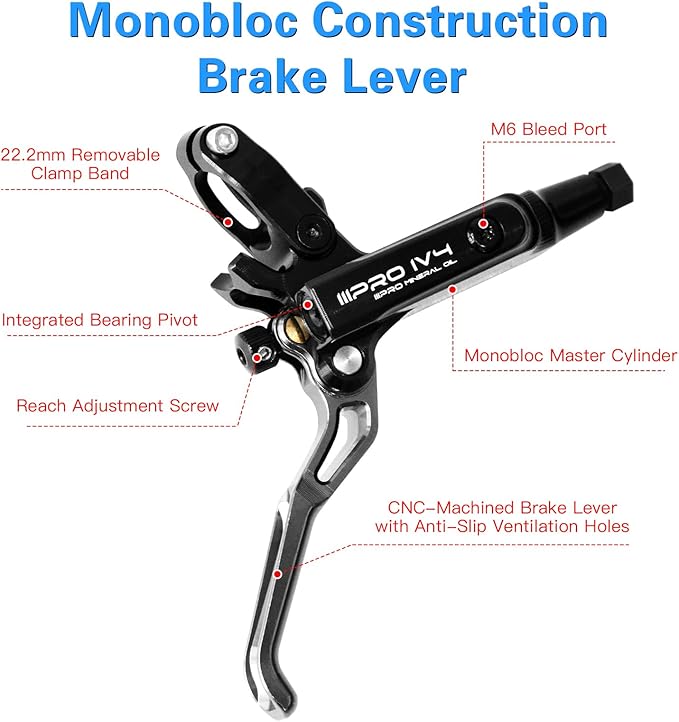 ZTZ IIIPRO IV4 Upgraded 4-Piston Hydraulic Brake Set, Hydraulic Disc Brake Kit with Ceramic Brake Pads for Mountain Bike/Ebike/Folding Bike/Fat Bike（Left Front 850mm and Right Rear 1550mm）