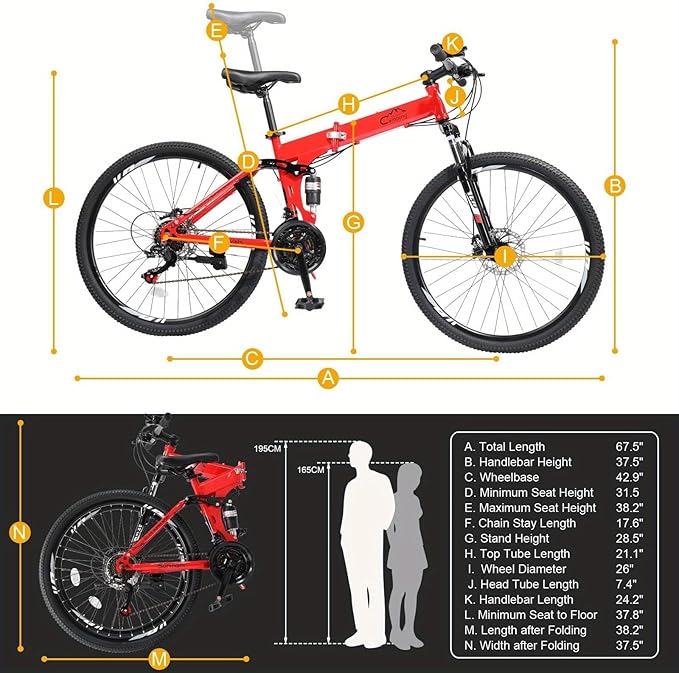 26in Folding Mountain Bike 21-Speed with Disc Brakes, Heavy-Duty Alloy Frame & Bike Suitable for &, Red - Urban Commuter, Trail Riding, Storage