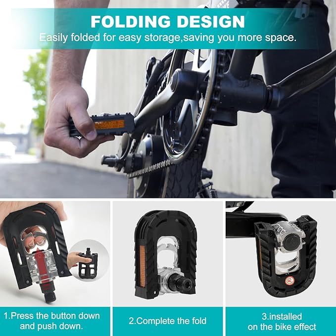Bike Pedals, Folding Bike Pedals 9/16'' with Reflective Strips | Aluminum | Non-Slip | Waterproof | Wide Flat Cycling Foldable Pedals for Ebike, Urban Commute, MTB Bikes