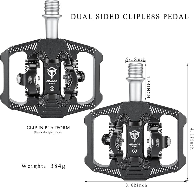 Mountain Bike Pedals - Dual Function Flat and Clipless Pedal - 3 Sealed Bearing Platform Pedals Compatible with SPD, Bicycle Pedals for BMX Spin Exercise Peloton Trekking Bike