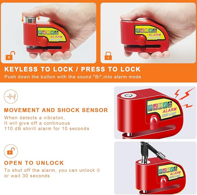 Motorcycle Alarm Disc Brake Lock, Motorcycle Locks Anti Theft Security Wheel Disc Lock Waterproof 110dB Alarm Sound with 5ft Reminder Cable Keys and Carry Pouch for Motorbike Bike Scooter
