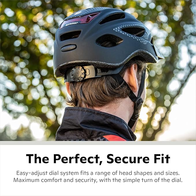 Schwinn Beam Lighted Helmet for Adults, Size 58 - 62 cm for Riders Ages 14+, Rear LED Light, Reflective Strips, Adjustable Dial and Straps, 17 Air Vents, Removable Visor, Adult Bike Helmet