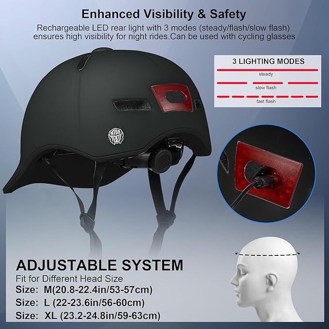 Bike Helmet Adult Men/Women-USB Rechargeable Rear Light CPSC/ASTM Certified 2 Removable Liners Adjustable Lightweight Baseball Cap Style for Youth Road&Mountain Biking Skating Scooter