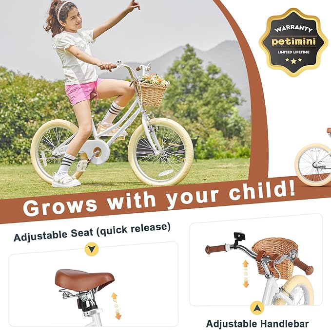 Petimini Vintage Kids Bike for Girls, 12–20 Inch Classic Bicycle with Wicker Basket & Bell, High Tensile Steel Frame, Training Wheels (12–18”), 85% Pre-Assembled, Retro Bike for Outdoor Riding