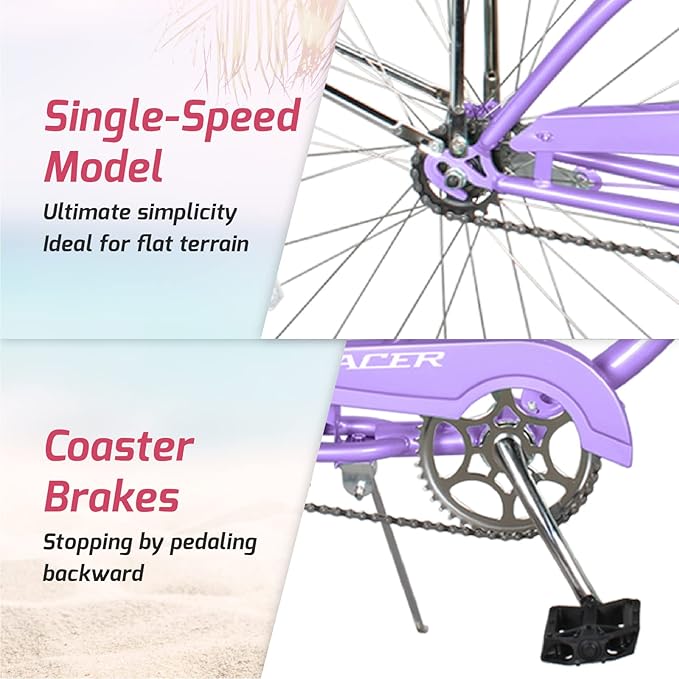 Tracer Nova Beach Cruiser Bike for Women,26 Inch Wheels,Hi Ten Steel Frame,1 Speed,Coaster Brake,Hybrid Bike for Adults,Complete Cruiser Bikes,Purple