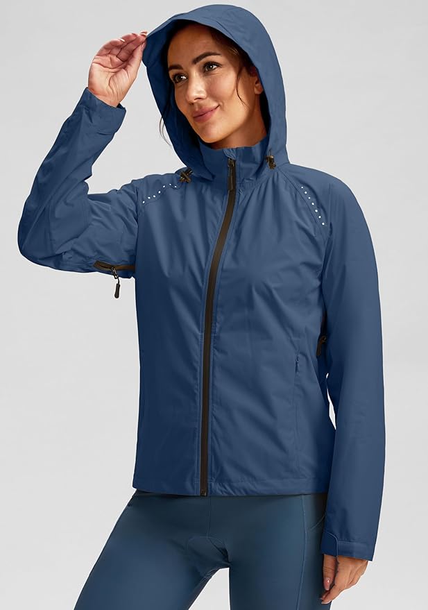 Bikewa Women's Cycling Rain Jackets Waterproof Windbreaker Lightweight Running Windproof Reflective Jacket Packable Hooded