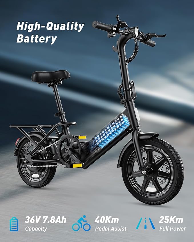DYU Electric Bike for Adults Teens, Folding Electric Bicycle,Commuter City E-Bike with 350W Motor and 36V 7.8Ah Battery,3 Levels Assist, Dual Disc Brakes