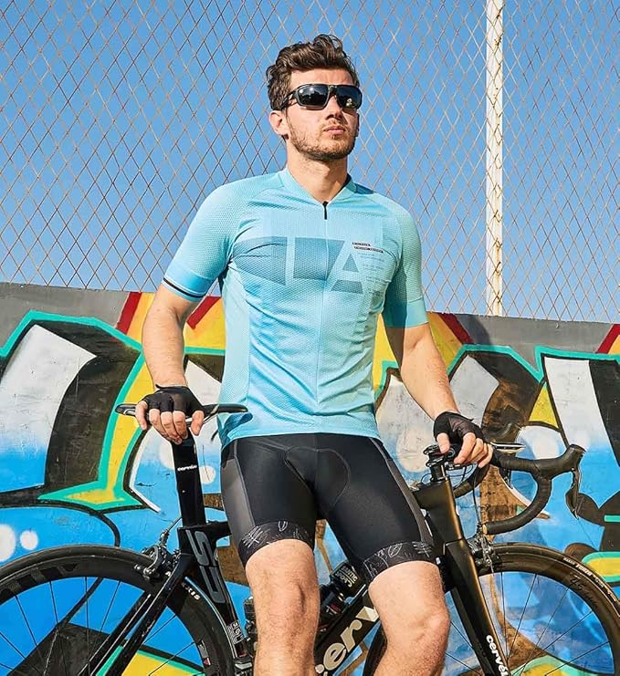 Santic Men's Cycling Jersey Short Sleeve Tops Pro Road Bike Shirt Full Zipper UPF 50+ MTB Jersey with Pockets