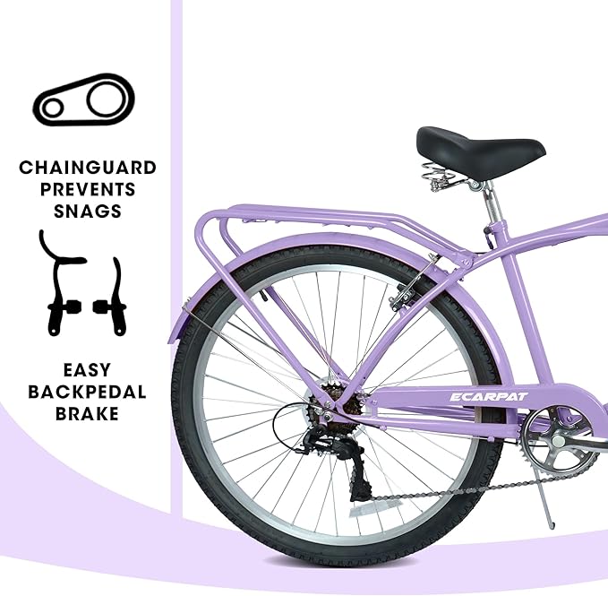 26 Inch 7-Speed Beach Cruiser Bike for Men & Women, Step-Through Comfort Frame, Upright Riding Position, Alloy Wheels & V-Brakes for Commuting & Leisure