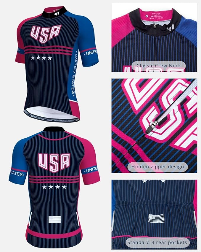 Lo.gas USA Cycling Jersey Men Short Sleeve Bike Biking Shirts American Flag Road Bicycle Clothing Full Zip with Pockets