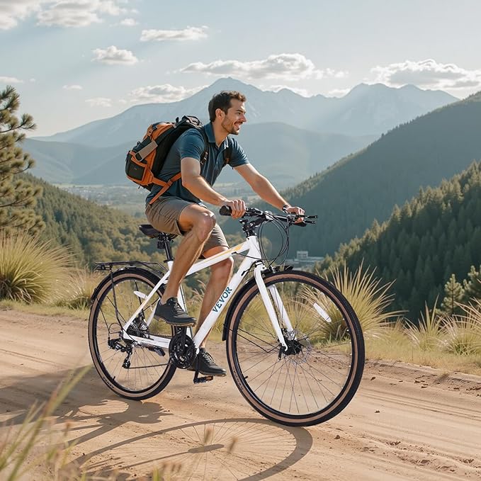 VEVOR Hybrid Bike, Lightweight Aluminum Frame Bike, 700c Wheel Men Women Hybrid Bicycle, Step-Over/Step-Through Adult Urban City Commuter Bikes, with 7/24 Speed, Alloy Adjustable Stem and Seat