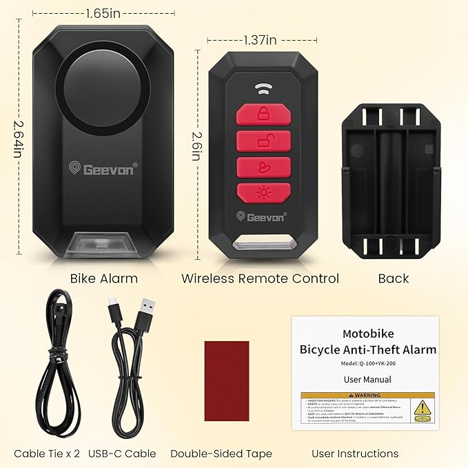 Geevon Bike Alarms for Ebikes, Wireless Bike Alarm with Remote, 135dB Anti-Theft Bicycle Motorcycle Alarm Wireless Security Sensor Alarms, IPX5 Waterproof