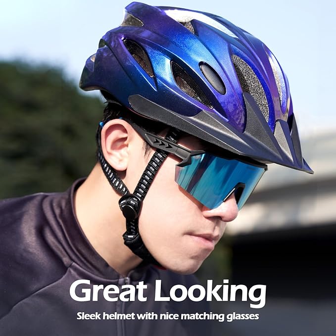 Odoland Adult Bike Helmet and Cycling Sunglasses Set for Men & Women, Safety Certified Bicycle Helmet with UV Protection Glasses for Mountain, Skating, Road, City Commuting & Outdoor Riding
