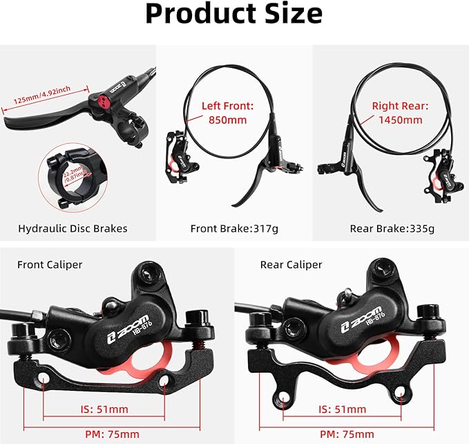 Z00M HB876 4-Pistons Hydraulic Disc Brake Set, MTB Hydraulic Brakes Right Rear 1450mm Mountain Bike Brakes Bicycle Disc Brake for eBike, Mountain Bike, Road Bike, Fat Bike(Pre-Bled)