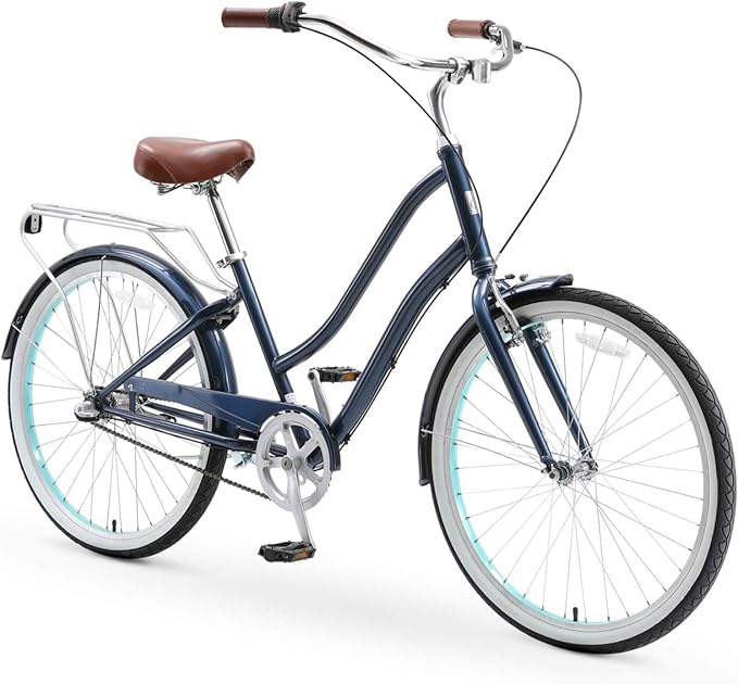 sixthreezero EVRYjourney Women's Steel Beach Cruiser Bike, Hybrid Bicycle, Step Through Frame with Rear Rack and Fenders, 26-Inch Wheels, Multiple Speed Options and Colors
