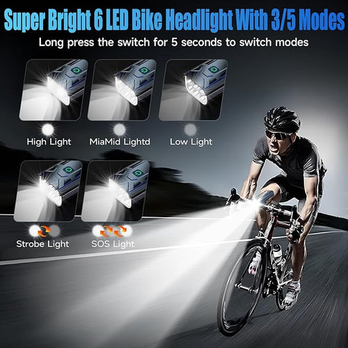 2026 Upgrade 6800Lumen Bike Light for Night Riding,Super Bright 6 LED Headlight,Aluminum 10 Mode Rechargeable Bicycle Light Front and Rear,360°Rotatable Brackt,Waterproof,Runtime 72 hr,Road Shockproof
