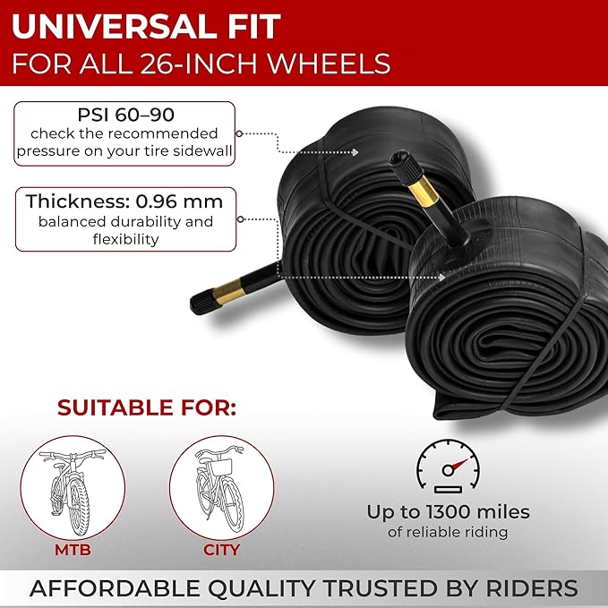Fincci Bike Tire Tubes 26x 1.25 x 1.35 x 1.4 x 1.5 with Presta-Schrader Valve – Pair Durable 26 Inch Bike Tube - Reliable Air Retention 2X Tubes for Mountain, MTB, Road, XC, Cruiser Bikes