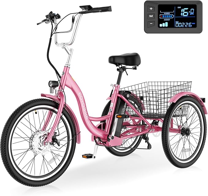 Electric Tricycle for Adults Seniors, 24/26 Inch 3 Wheel E-Trike, 350W Motor (700W Peak), Removable 36V Battery, Up to 15.5MPH, 25-60Mile Range, Low Step-Through, Rear Basket, 350lbs Capacity, 7 Speed