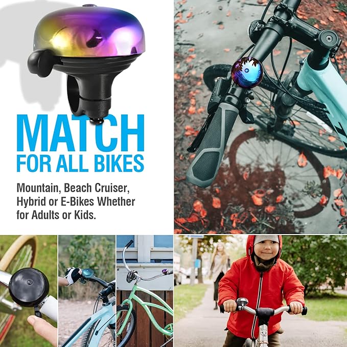 MARQUE Bike Bell for Adults & Kids – Nice, Loud, Crisp Ding Sound Bicycle Bell – Must Have Bicycle Accessories for Mountain MTB, Beach Cruisers, Commuter, Kids Bike – Easy to Install on Handlebar