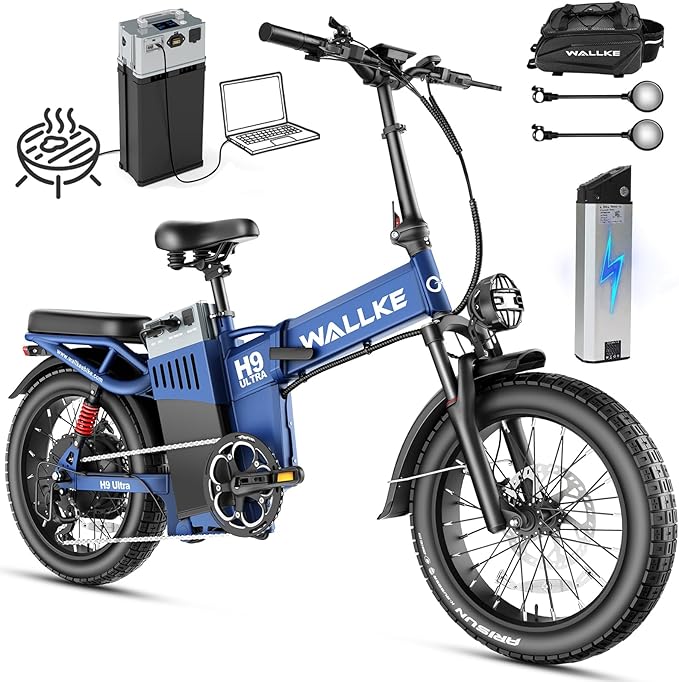 Wallke H9 Ultra 4000W Long Range Electric Bike for Adults, 55Ah 2640Wh 180 Mile, 37MPH Fast Ebike, 2-in-1 Battery AC/DC Power Hub & AC/Solar-Charging, Torque Sensor, Air Suspension,20" Fat Tire E Bike