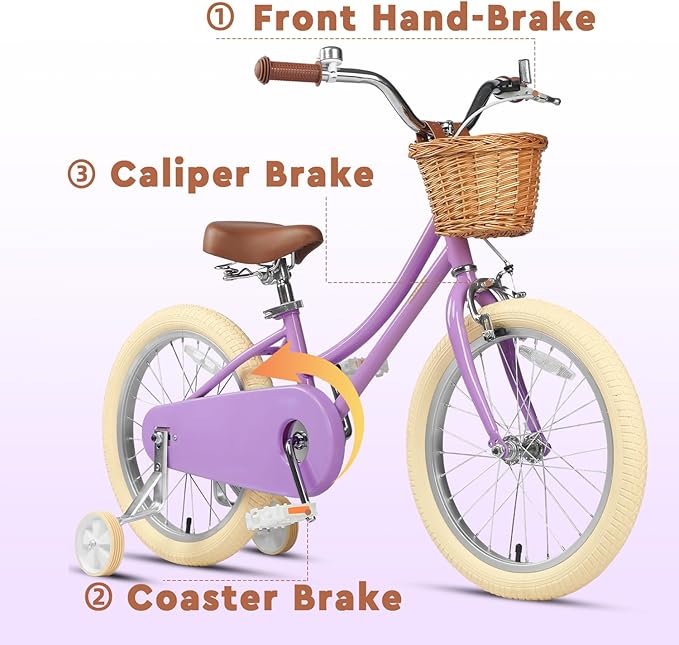 Petimini Vintage Kids Bike for Girls, 12–20 Inch Classic Bicycle with Wicker Basket & Bell, High Tensile Steel Frame, Training Wheels (12–18”), 85% Pre-Assembled, Retro Bike for Outdoor Riding