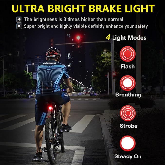 Smart Bike Tail Light: Auto On/Off Rear Bicycle Flashlight Ultra Bright Back Brake Light High Lumen Daytime Strobe USB Rechargeable Safety Red Led Taillight Waterproof Road Cycling Lights