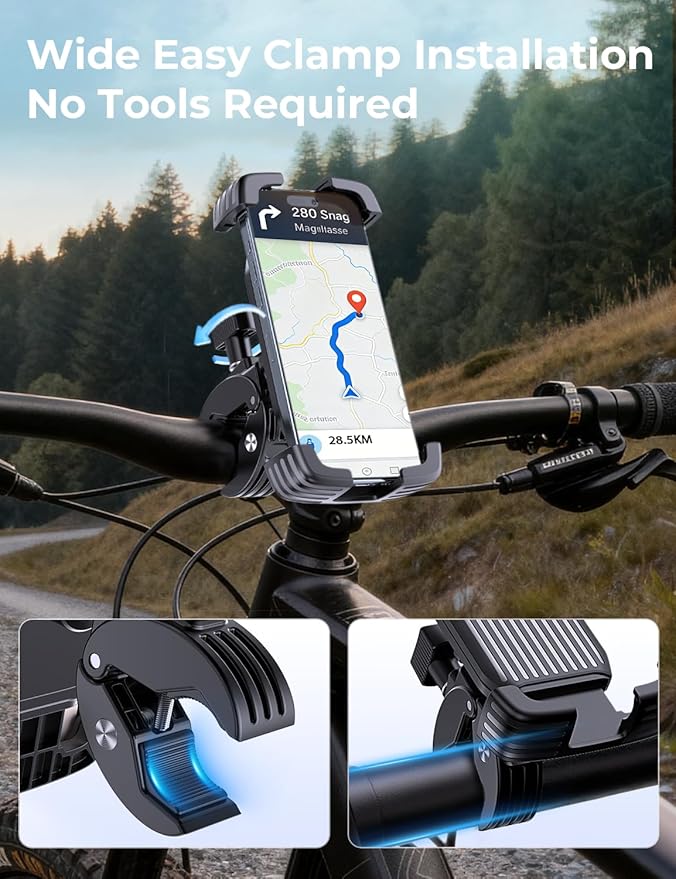 Bike Phone Holder Mount, Motorcycle Phone Mount, 360° Adjustable Phone Holde Mount for Bike and Motorcycle, Shockproof & Anti-Shake Design, Fits 4.7–7” Smartphones (Black)