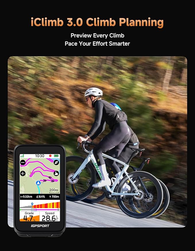 iGPSPORT BiNavi Air Bike Computer, 3.0'' Touchscreen MAP Voice Navigate Reroute Climb Smart Wireless GPS Cycle Computer