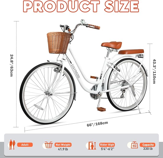 26 Inch Folding Beach Cruiser Bike for Women, 7-Speed Ladies Bike with Basket & Rack, Perfect for City Commuting's Bicycle, Ideal for Women and Adults