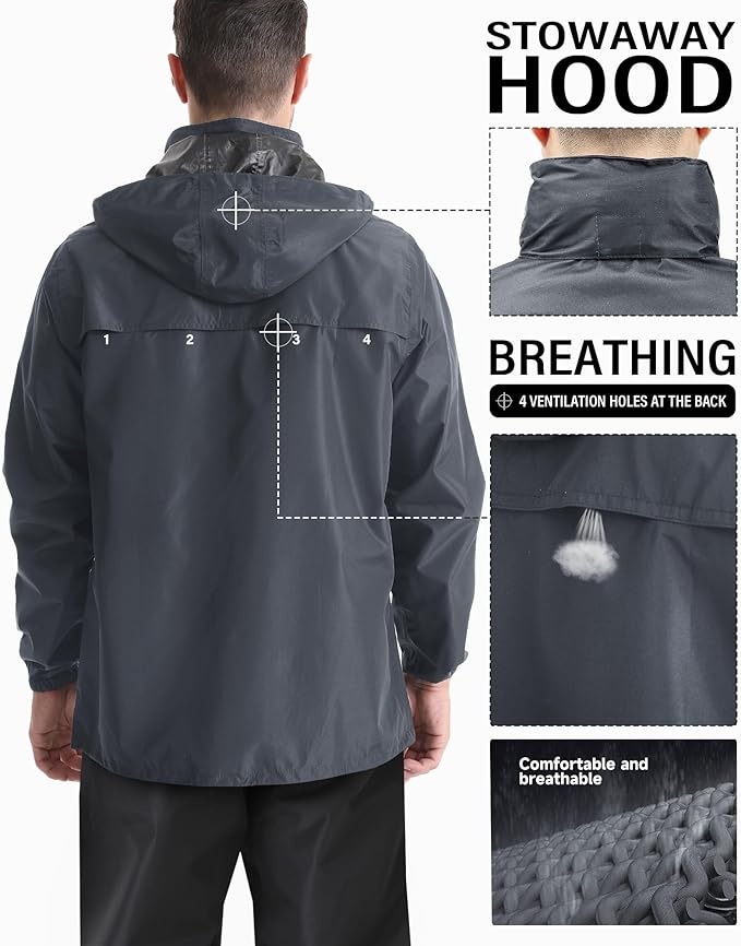 iCreek Men's Rain Jacket Lightweight Waterproof Packable Rain Shell Jacket Raincoat with Hood Windbreaker for Cycling, Golf