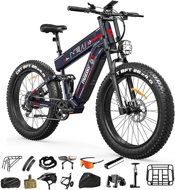 FREESKY Dual Battery 48V 41AH 160 Mile 40MPH Electric Bike for Adults, 4000W High-Torque Single Motor Long Range Fast Fat Tire Ebike, 26" Full Suspension Mountain E Bike, UL 2849 Certified by TÜV