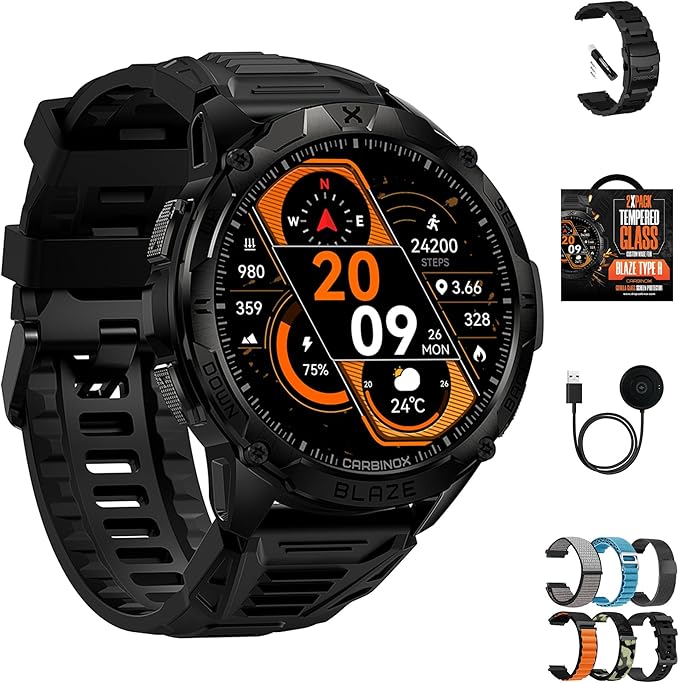 CARBINOX Blaze Smart Watch with GPS – Rugged Fitness Trackers, IP69K Waterproof, 170+ Sports Modes, Gorilla Glass, Make/Receive Calls, Android & iOS Compatible (Round Ultimate Pack)