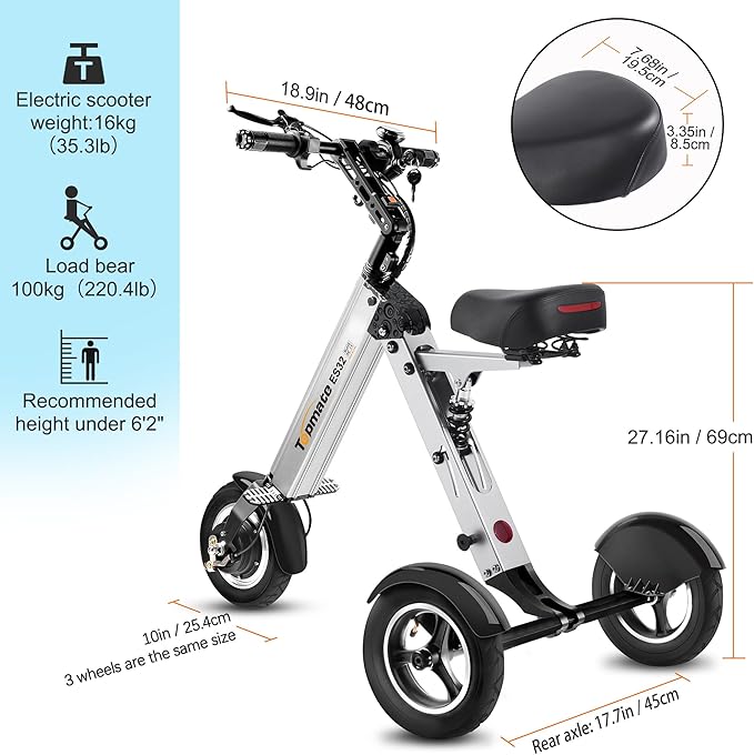TopMate ES32 Electric Scooter 3 Wheels Foldable Trike with Seat for Adults, Light Weight Mobility with Reverse Function and Key Switch, 10 Inch Pneumatic Tires Tricycle