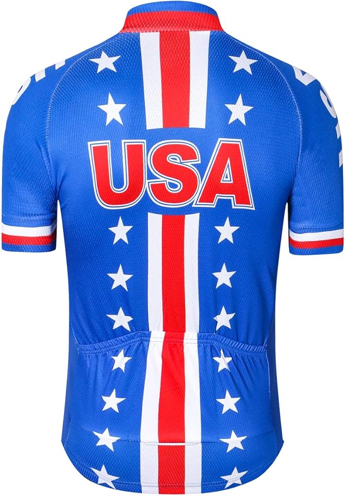 Cycling Jersey Short Sleeve USA Style Bike Tops with Pocket Reflective Stripe