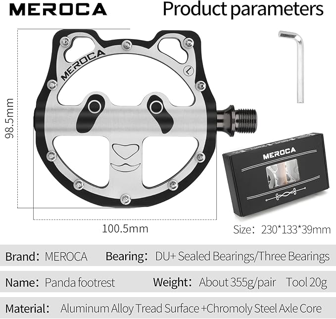 MEROCA Panda Bike Pedals (3 Bearing/DU+Bearing) - 355g CNC Mountain Pedals with Chromoly Spindle, Non-Slip Pins for MTB/Road Bicycle