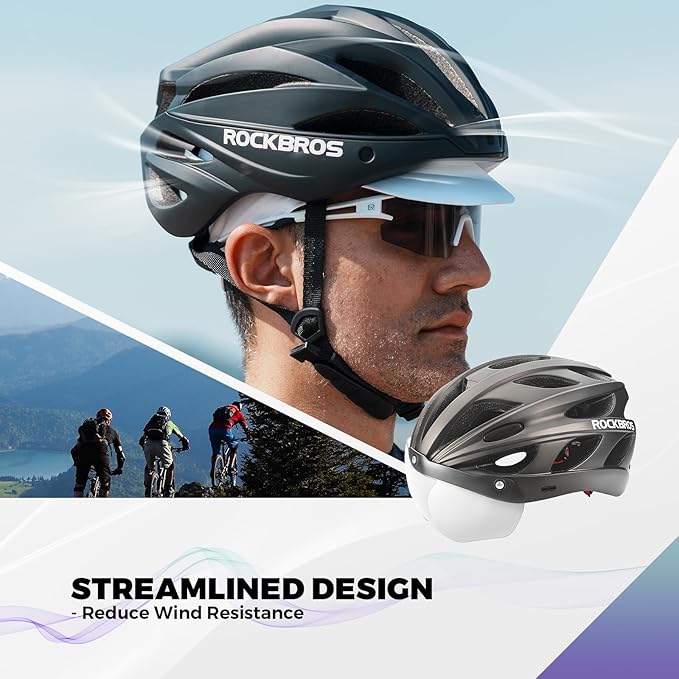 ROCKBROS Bike Helmet for Adult Men Women with Suggested Fit 58-65cm, Detachable Magnetic Goggles & Sun Visor, Lightweight with Adjustable Side and Chin Strap, Suitable for Myopia Glasses