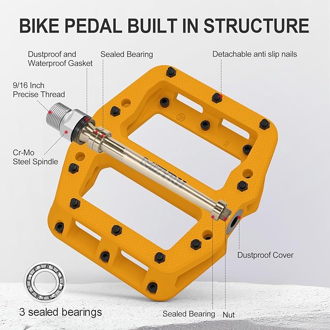MZYRH Mountain Bike Pedals 9/16" 3 Sealed Bearings Lightweight Non-Slip Nylon Fiber Bicycle Platform Pedals for Road BMX MTB