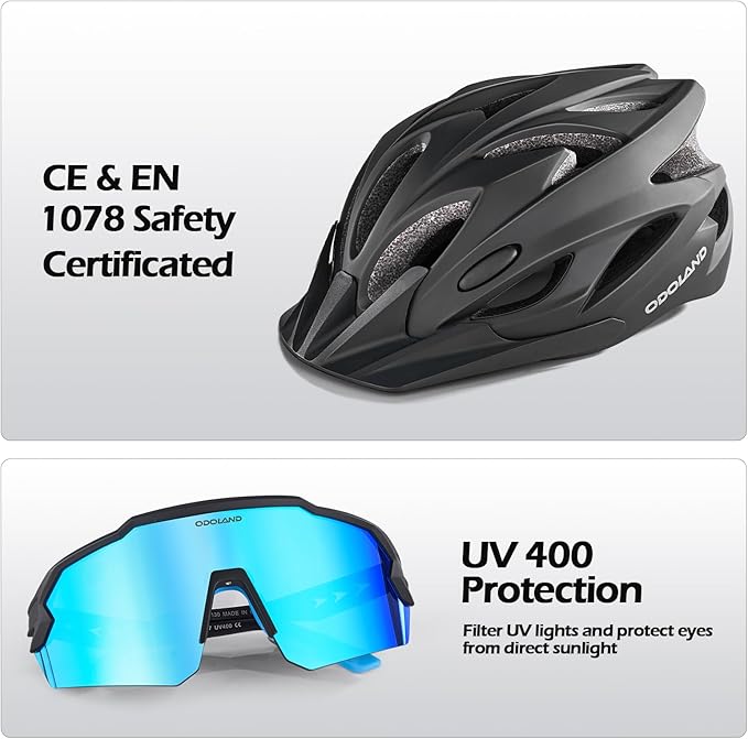 Odoland Adult Bike Helmet and Cycling Sunglasses Set for Men & Women, Safety Certified Bicycle Helmet with UV Protection Glasses for Mountain, Skating, Road, City Commuting & Outdoor Riding